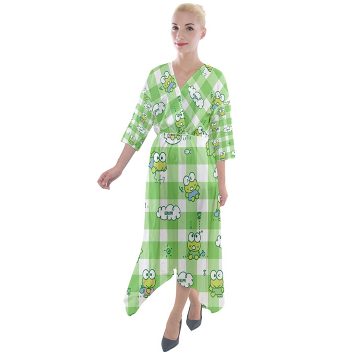 Frog Cartoon Pattern Cloud Animal Cute Seamless Quarter Sleeve Wrap Front Maxi Dress