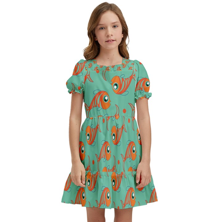 Cute Fish Underwater Sea Ocean Nature Aquarium Goldfish Marine Water Kids  Puff Sleeved Dress