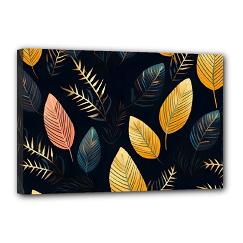 Gold Yellow Leaves Fauna Dark Background Dark Black Background Black Nature Forest Texture Wall Wall Canvas 18  X 12  (stretched) by Bedest