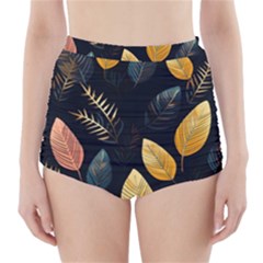 Gold Yellow Leaves Fauna Dark Background Dark Black Background Black Nature Forest Texture Wall Wall High-waisted Bikini Bottoms by Bedest