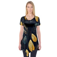 Gold Yellow Leaves Fauna Dark Background Dark Black Background Black Nature Forest Texture Wall Wall Short Sleeve Tunic  by Bedest