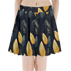 Gold Yellow Leaves Fauna Dark Background Dark Black Background Black Nature Forest Texture Wall Wall Pleated Mini Skirt by Bedest