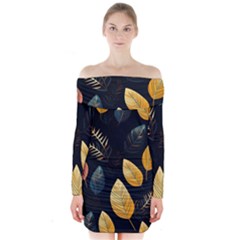 Gold Yellow Leaves Fauna Dark Background Dark Black Background Black Nature Forest Texture Wall Wall Long Sleeve Off Shoulder Dress by Bedest