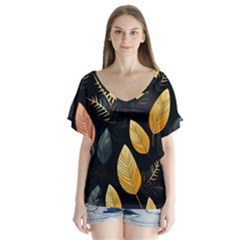 Gold Yellow Leaves Fauna Dark Background Dark Black Background Black Nature Forest Texture Wall Wall V-neck Flutter Sleeve Top by Bedest