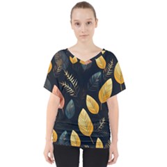 Gold Yellow Leaves Fauna Dark Background Dark Black Background Black Nature Forest Texture Wall Wall V-neck Dolman Drape Top by Bedest