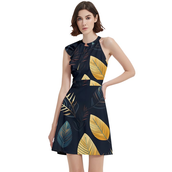 Gold Yellow Leaves Fauna Dark Background Dark Black Background Black Nature Forest Texture Wall Wall Cocktail Party Halter Sleeveless Dress With Pockets