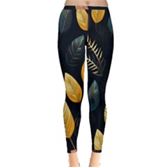 Gold Yellow Leaves Fauna Dark Background Dark Black Background Black Nature Forest Texture Wall Wall Inside Out Leggings by Bedest