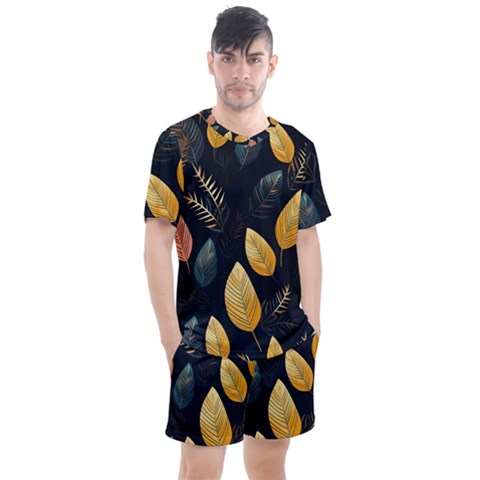 Gold Yellow Leaves Fauna Dark Background Dark Black Background Black Nature Forest Texture Wall Wall Men s Mesh T-shirt And Shorts Set by Bedest