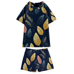 Gold Yellow Leaves Fauna Dark Background Dark Black Background Black Nature Forest Texture Wall Wall Kids  Swim T-shirt And Shorts Set by Bedest