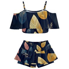 Gold Yellow Leaves Fauna Dark Background Dark Black Background Black Nature Forest Texture Wall Wall Kids  Off Shoulder Skirt Bikini by Bedest