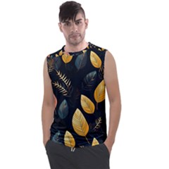 Gold Yellow Leaves Fauna Dark Background Dark Black Background Black Nature Forest Texture Wall Wall Men s Regular Tank Top by Bedest