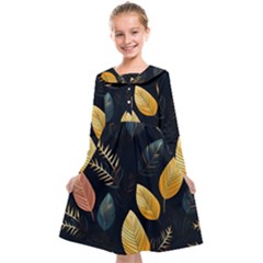 Gold Yellow Leaves Fauna Dark Background Dark Black Background Black Nature Forest Texture Wall Wall Kids  Midi Sailor Dress by Bedest