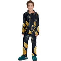 Gold Yellow Leaves Fauna Dark Background Dark Black Background Black Nature Forest Texture Wall Wall Kids  Long Sleeve Velvet Pajamas Set by Bedest