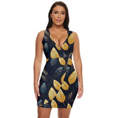 Gold Yellow Leaves Fauna Dark Background Dark Black Background Black Nature Forest Texture Wall Wall Draped Bodycon Dress by Bedest