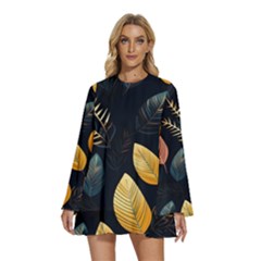 Gold Yellow Leaves Fauna Dark Background Dark Black Background Black Nature Forest Texture Wall Wall Round Neck Long Sleeve Bohemian Style Chiffon Mini Dress by Bedest