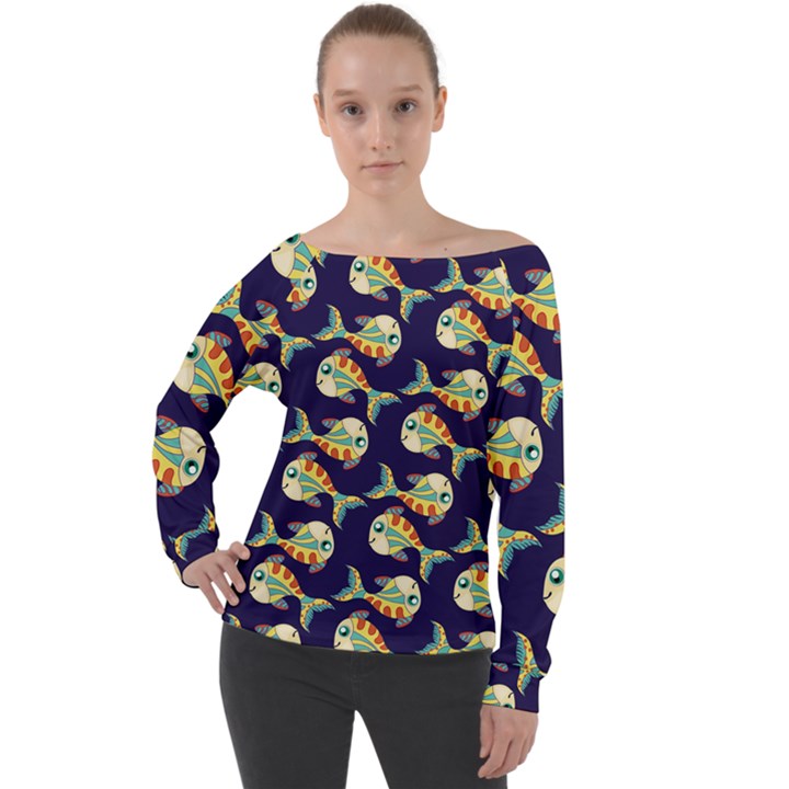 Fish Abstract Animal Art Nature Texture Water Pattern Marine Life Underwater Aquarium Aquatic Off Shoulder Long Sleeve Velour Top