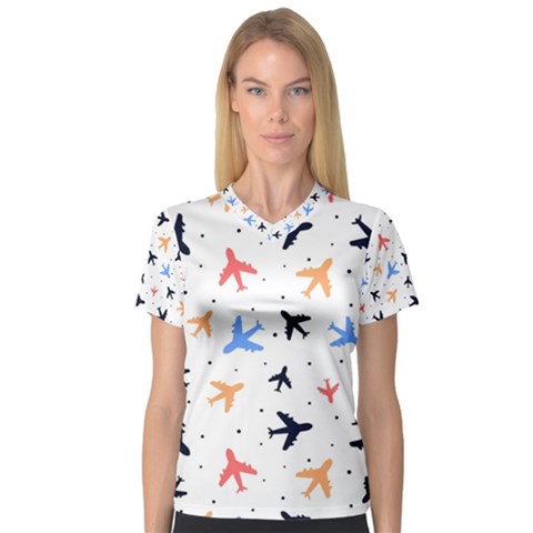 Airplane Pattern Plane Aircraft Fabric Style Simple Seamless V-neck Sport Mesh T-shirt by Bedest