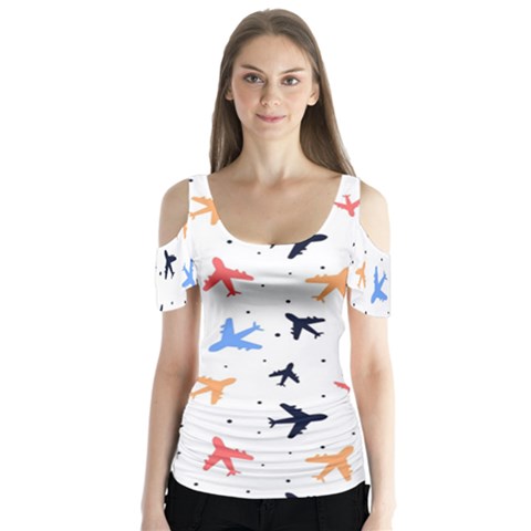 Airplane Pattern Plane Aircraft Fabric Style Simple Seamless Butterfly Sleeve Cutout T-shirt  by Bedest