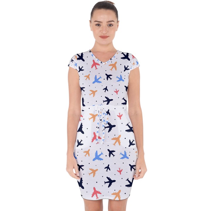 Airplane Pattern Plane Aircraft Fabric Style Simple Seamless Capsleeve Drawstring Dress 