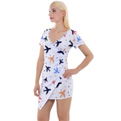 Airplane Pattern Plane Aircraft Fabric Style Simple Seamless Short Sleeve Asymmetric Mini Dress