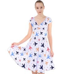 Airplane Pattern Plane Aircraft Fabric Style Simple Seamless Cap Sleeve Front Wrap Midi Dress by Bedest