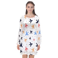 Airplane Pattern Plane Aircraft Fabric Style Simple Seamless Long Sleeve Chiffon Shift Dress  by Bedest