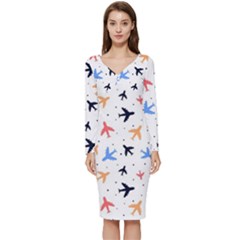 Airplane Pattern Plane Aircraft Fabric Style Simple Seamless Long Sleeve V-neck Bodycon Dress  by Bedest