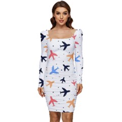 Airplane Pattern Plane Aircraft Fabric Style Simple Seamless Women Long Sleeve Ruched Stretch Jersey Dress by Bedest