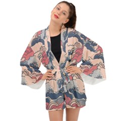 Waves Ocean Sea Water Pattern Rough Seas Digital Art Nature Nautical Long Sleeve Kimono by Bedest