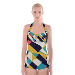 Geometric Pattern Retro Colorful Abstract Boyleg Halter Swimsuit 