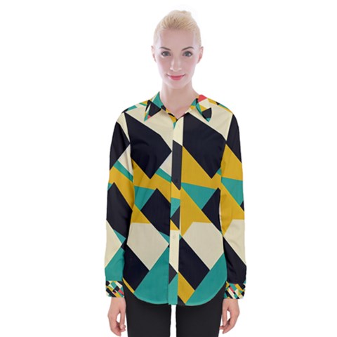 Geometric Pattern Retro Colorful Abstract Womens Long Sleeve Shirt by Bedest