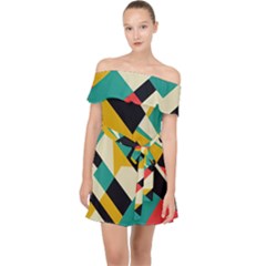 Geometric Pattern Retro Colorful Abstract Off Shoulder Chiffon Dress by Bedest