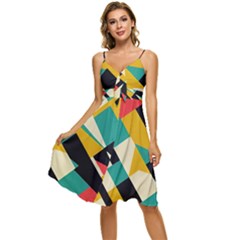 Geometric Pattern Retro Colorful Abstract Sleeveless Tie Front Chiffon Dress by Bedest