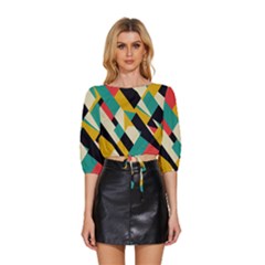 Geometric Pattern Retro Colorful Abstract Mid Sleeve Drawstring Hem Top by Bedest