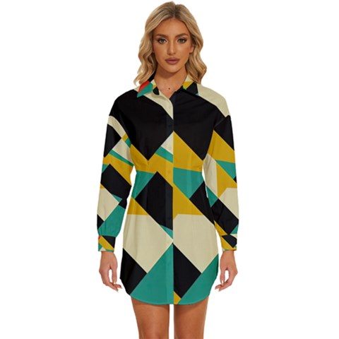 Geometric Pattern Retro Colorful Abstract Womens Long Sleeve Shirt Dress by Bedest