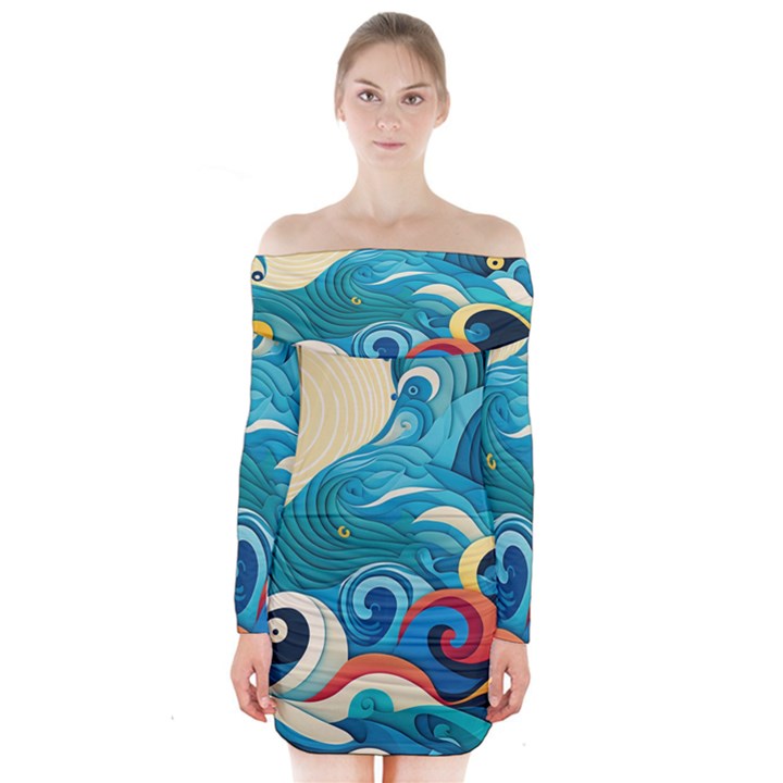 Waves Ocean Sea Abstract Whimsical Abstract Art Pattern Abstract Pattern Water Nature Moon Full Moon Long Sleeve Off Shoulder Dress