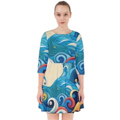 Waves Ocean Sea Abstract Whimsical Abstract Art Pattern Abstract Pattern Water Nature Moon Full Moon Smock Dress by Bedest