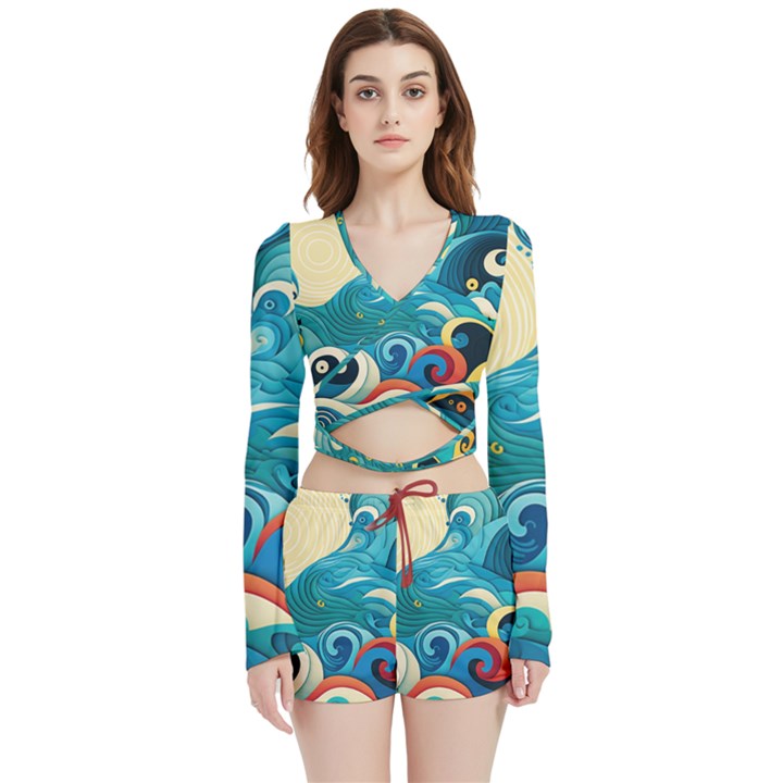 Waves Ocean Sea Abstract Whimsical Abstract Art Pattern Abstract Pattern Water Nature Moon Full Moon Velvet Wrap Crop Top and Shorts Set