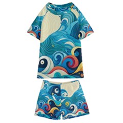 Waves Ocean Sea Abstract Whimsical Abstract Art Pattern Abstract Pattern Water Nature Moon Full Moon Kids  Swim T-shirt And Shorts Set by Bedest