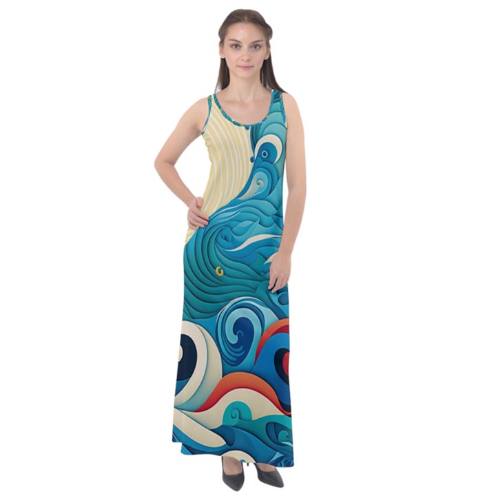 Waves Ocean Sea Abstract Whimsical Abstract Art Pattern Abstract Pattern Water Nature Moon Full Moon Sleeveless Velour Maxi Dress