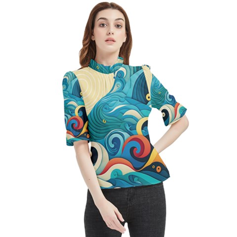 Waves Ocean Sea Abstract Whimsical Abstract Art Pattern Abstract Pattern Water Nature Moon Full Moon Frill Neck Blouse by Bedest