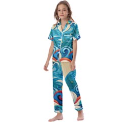 Waves Ocean Sea Abstract Whimsical Abstract Art Pattern Abstract Pattern Water Nature Moon Full Moon Kids  Satin Short Sleeve Pajamas Set by Bedest