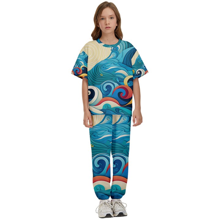 Waves Ocean Sea Abstract Whimsical Abstract Art Pattern Abstract Pattern Water Nature Moon Full Moon Kids  T-Shirt and Pants Sports Set