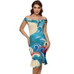 Waves Ocean Sea Abstract Whimsical Abstract Art Pattern Abstract Pattern Water Nature Moon Full Moon Off Shoulder Ruffle Split Hem Bodycon Dress