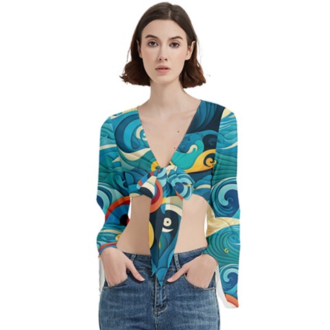 Waves Ocean Sea Abstract Whimsical Abstract Art Pattern Abstract Pattern Water Nature Moon Full Moon Trumpet Sleeve Cropped Top by Bedest