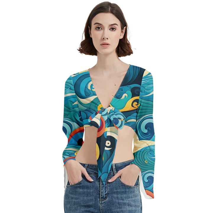 Waves Ocean Sea Abstract Whimsical Abstract Art Pattern Abstract Pattern Water Nature Moon Full Moon Trumpet Sleeve Cropped Top