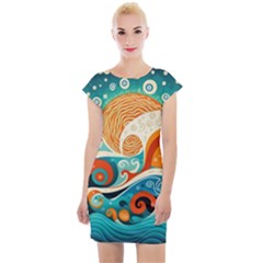 Waves Ocean Sea Abstract Whimsical Abstract Art Pattern Abstract Pattern Nature Water Seascape Cap Sleeve Bodycon Dress by Bedest