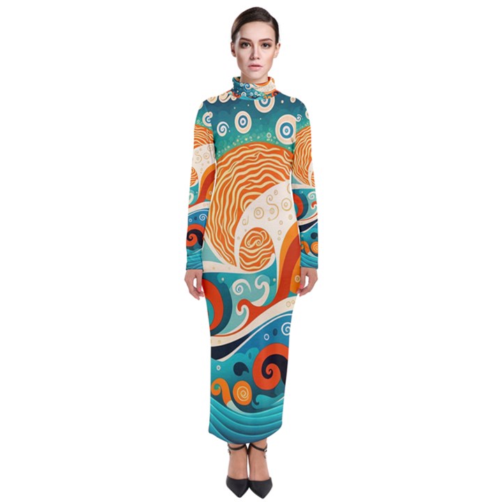 Waves Ocean Sea Abstract Whimsical Abstract Art Pattern Abstract Pattern Nature Water Seascape Turtleneck Maxi Dress