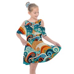 Waves Ocean Sea Abstract Whimsical Abstract Art Pattern Abstract Pattern Nature Water Seascape Kids  Shoulder Cutout Chiffon Dress by Bedest