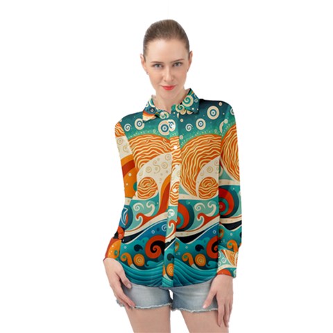 Waves Ocean Sea Abstract Whimsical Abstract Art Pattern Abstract Pattern Nature Water Seascape Long Sleeve Chiffon Shirt by Bedest